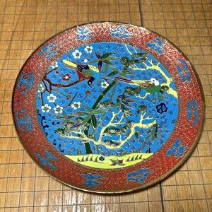 Cloisonné Enameled Metal Plate Numbered Birds on Foliage EVC 7.75”D